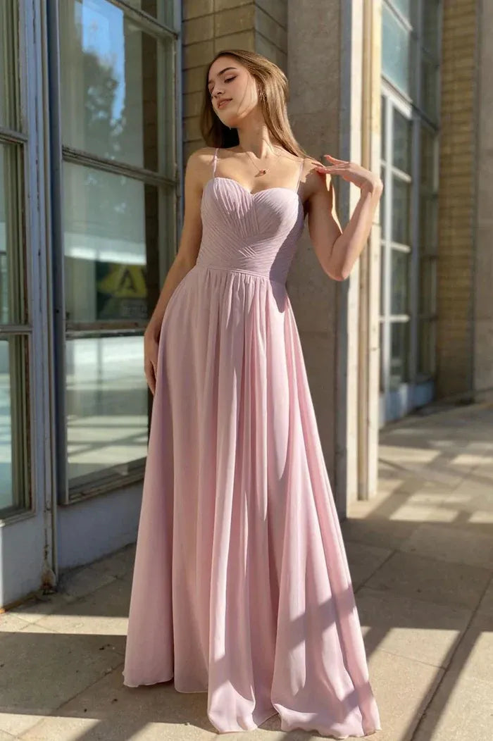 Pink Chiffon Long A-Line Prom Dress Simple Evening Party Dress ﻿