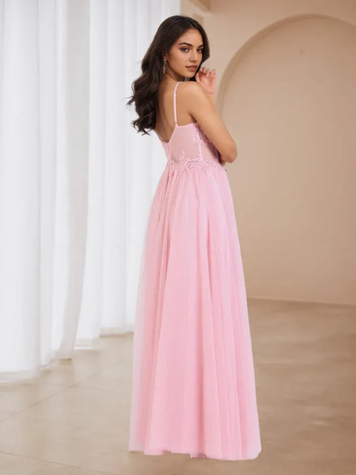 Pink Chiffon Prom Dress Spaghetti Straps Lace Bodice Flowy Skirt for Enchanting Nights