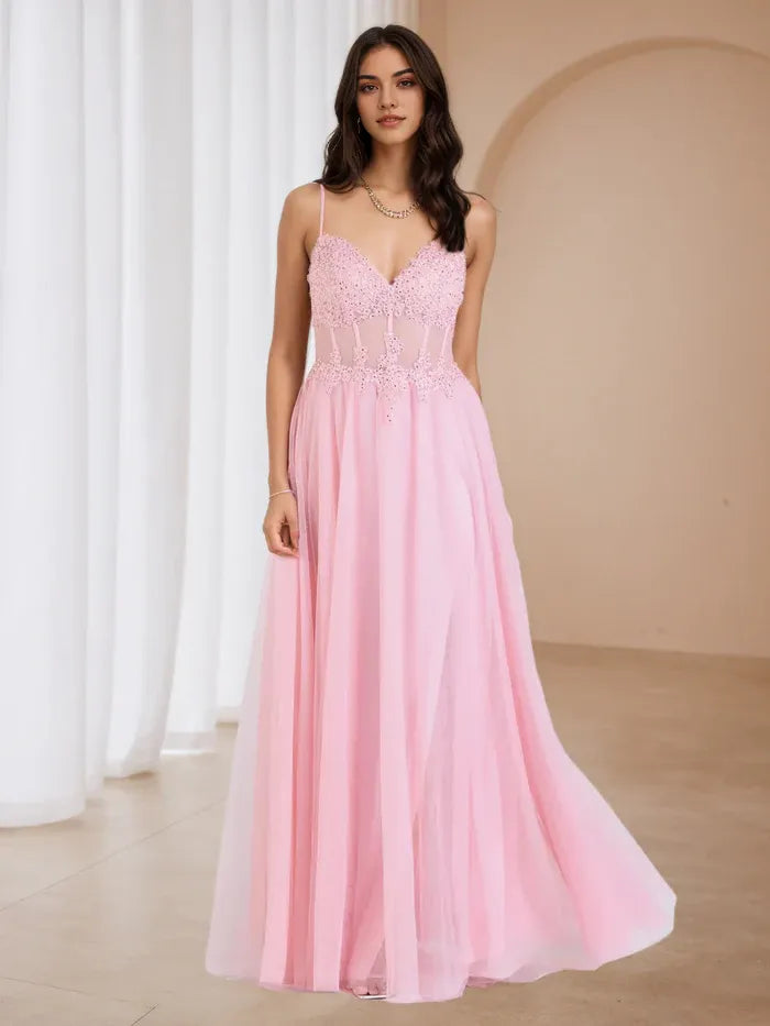 Pink Chiffon Prom Dress Spaghetti Straps Lace Bodice Flowy Skirt for Enchanting Nights