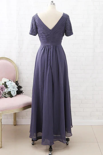 Pink Chiffon V-Neck Beaded Sleeve Mother of the Brides Dress