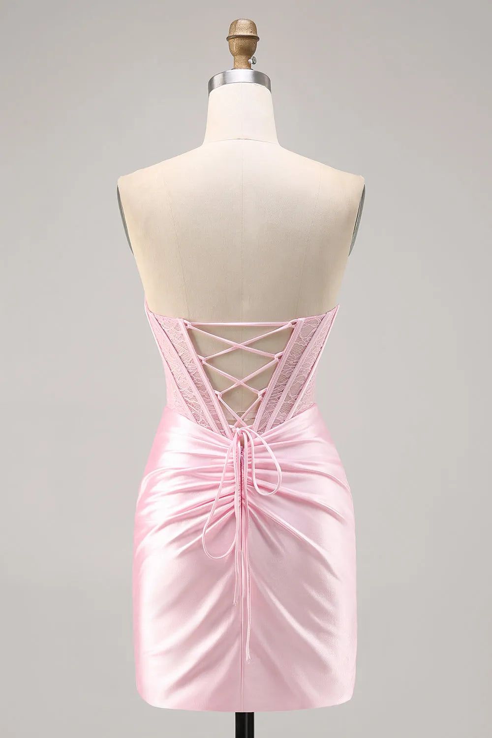 Pink Corset Satin Ruched Strapless Short Homecoming Dress