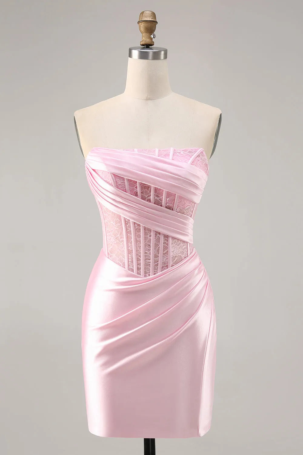 Pink Corset Satin Ruched Strapless Short Homecoming Dress