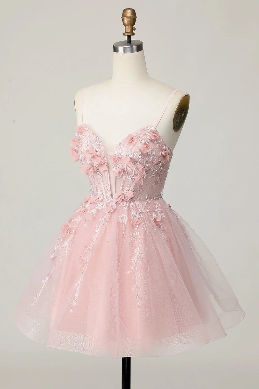 Pink Corset Spaghetti Straps A Line Floral Short Homecoming Dress