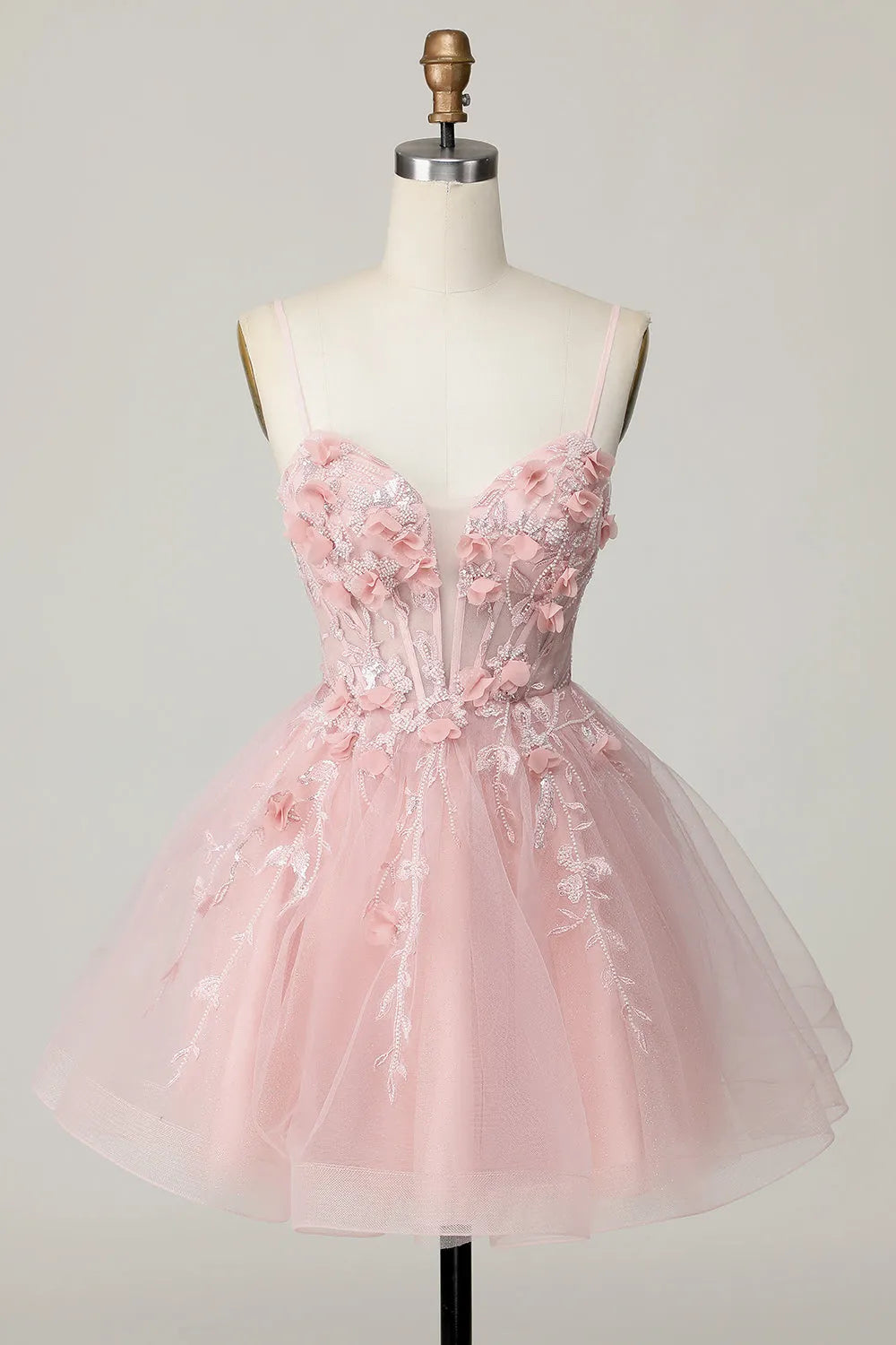 Pink Corset Spaghetti Straps A Line Floral Short Homecoming Dress