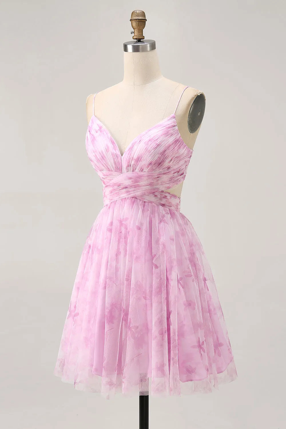 Pink Floral Ruched Lace-Up Back Short Homecoming Dress