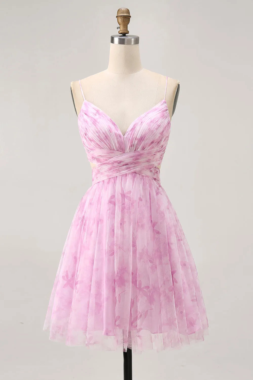 Pink Floral Ruched Lace-Up Back Short Homecoming Dress