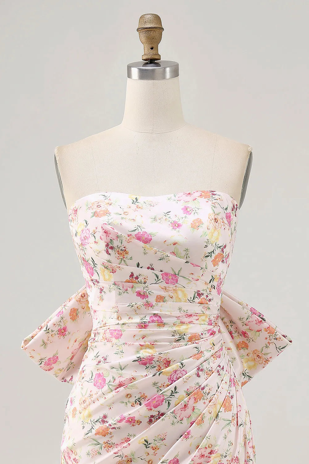 Pink Floral Strapless Ruched Short Homecoming Dress with Bow