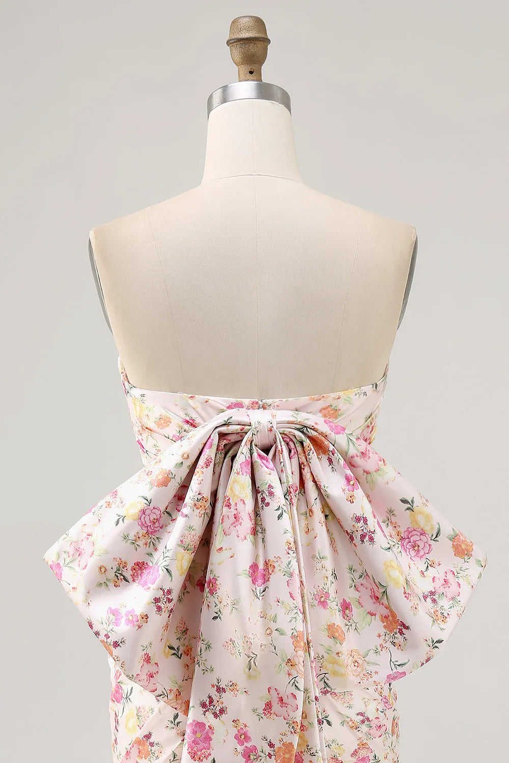 Pink Floral Strapless Ruched Short Homecoming Dress with Bow