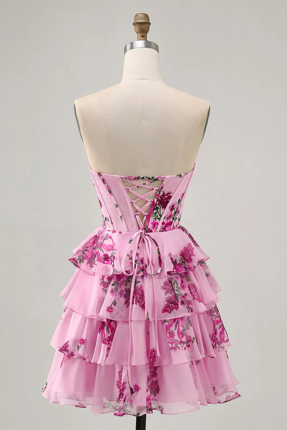Pink Floral Sweetheart Short Corset Homecoming Dress with Ruffles