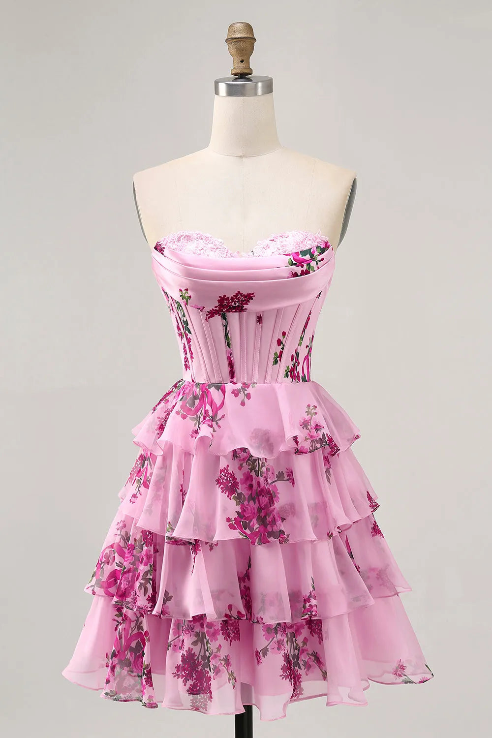 Pink Floral Sweetheart Short Corset Homecoming Dress with Ruffles