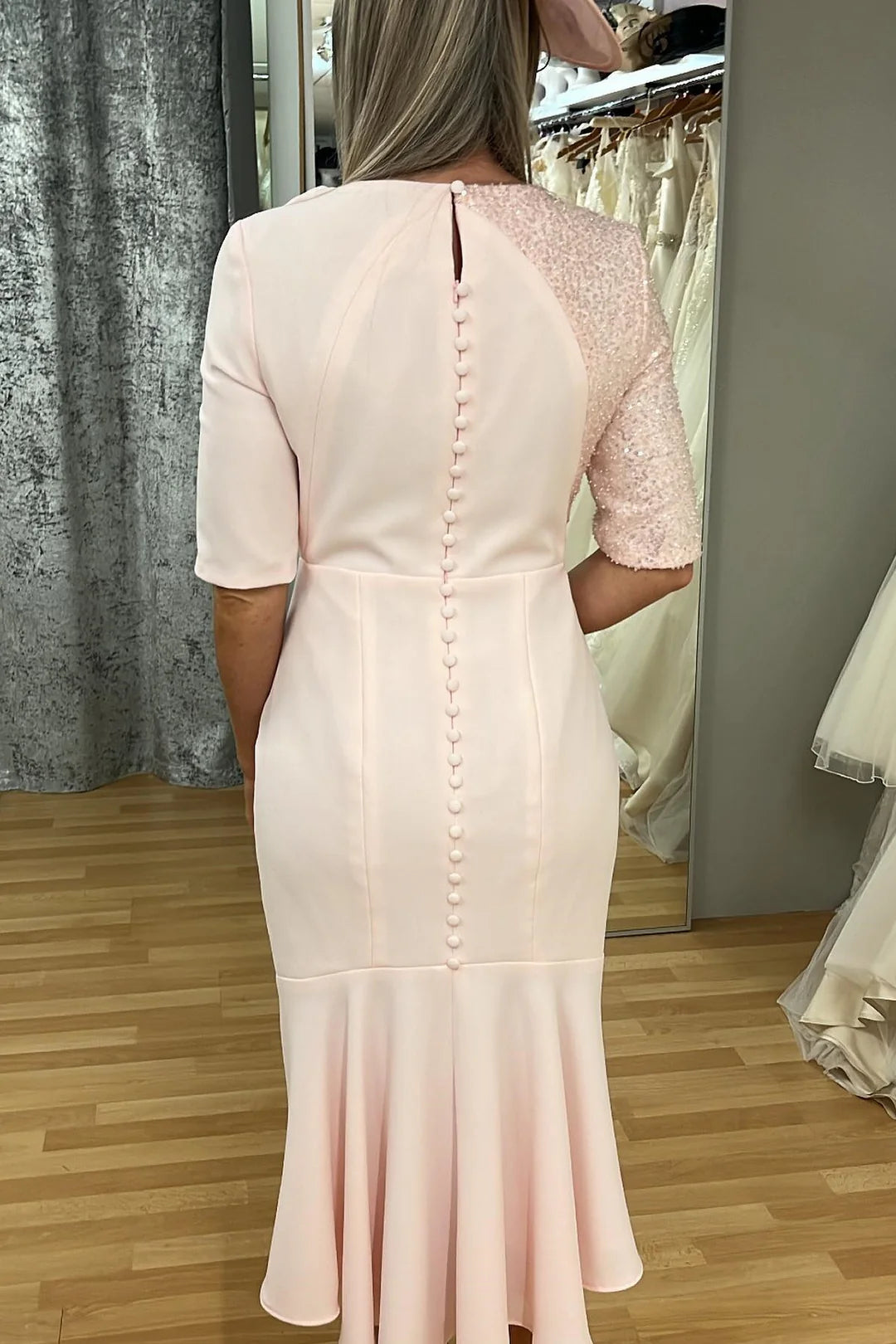 Pink Flower Ruffle Beaded Sleeves Calf-Length Mother of the Bride Dress