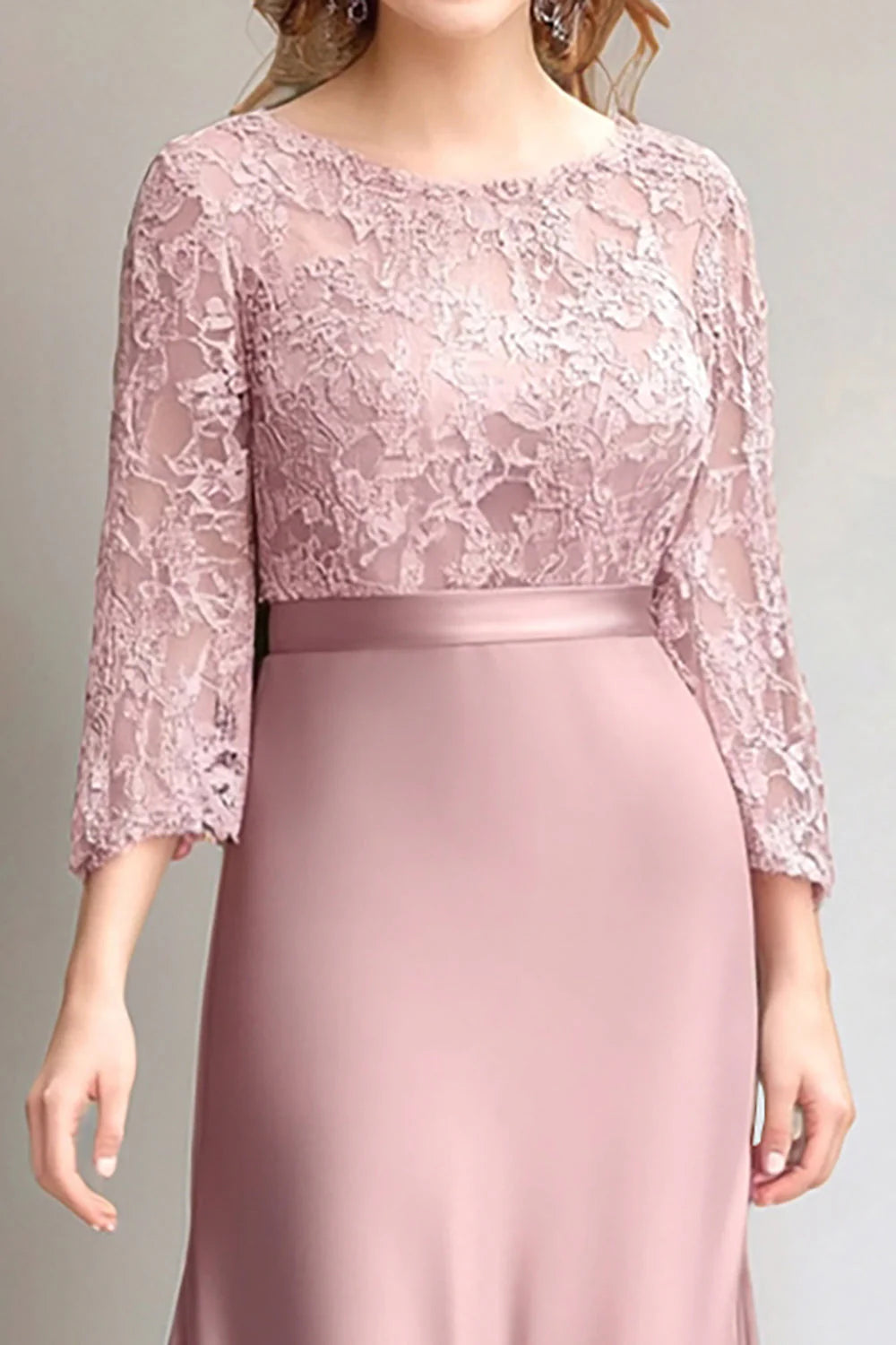Pink Lace Ruched Long Sleeves Mother of the Bride Dress ﻿