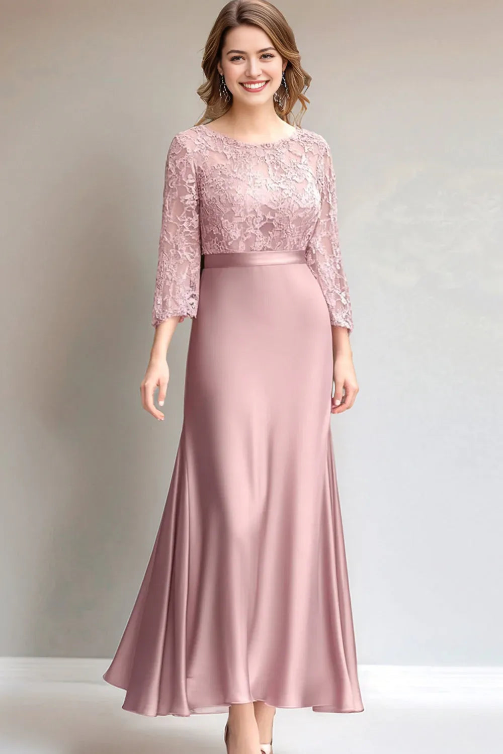 Pink Lace Ruched Long Sleeves Mother of the Bride Dress ﻿