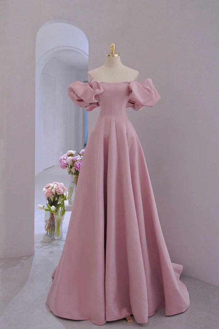 Pink Satin Long A-Line Prom Dress Pink Puff Sleeves Formal Evening Dress