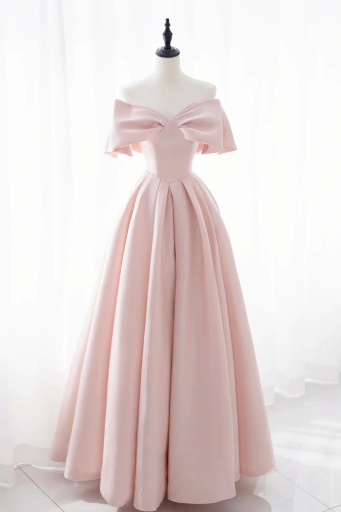 Pink Satin Long Prom Dress Cute Off Shoulder Evening Dress