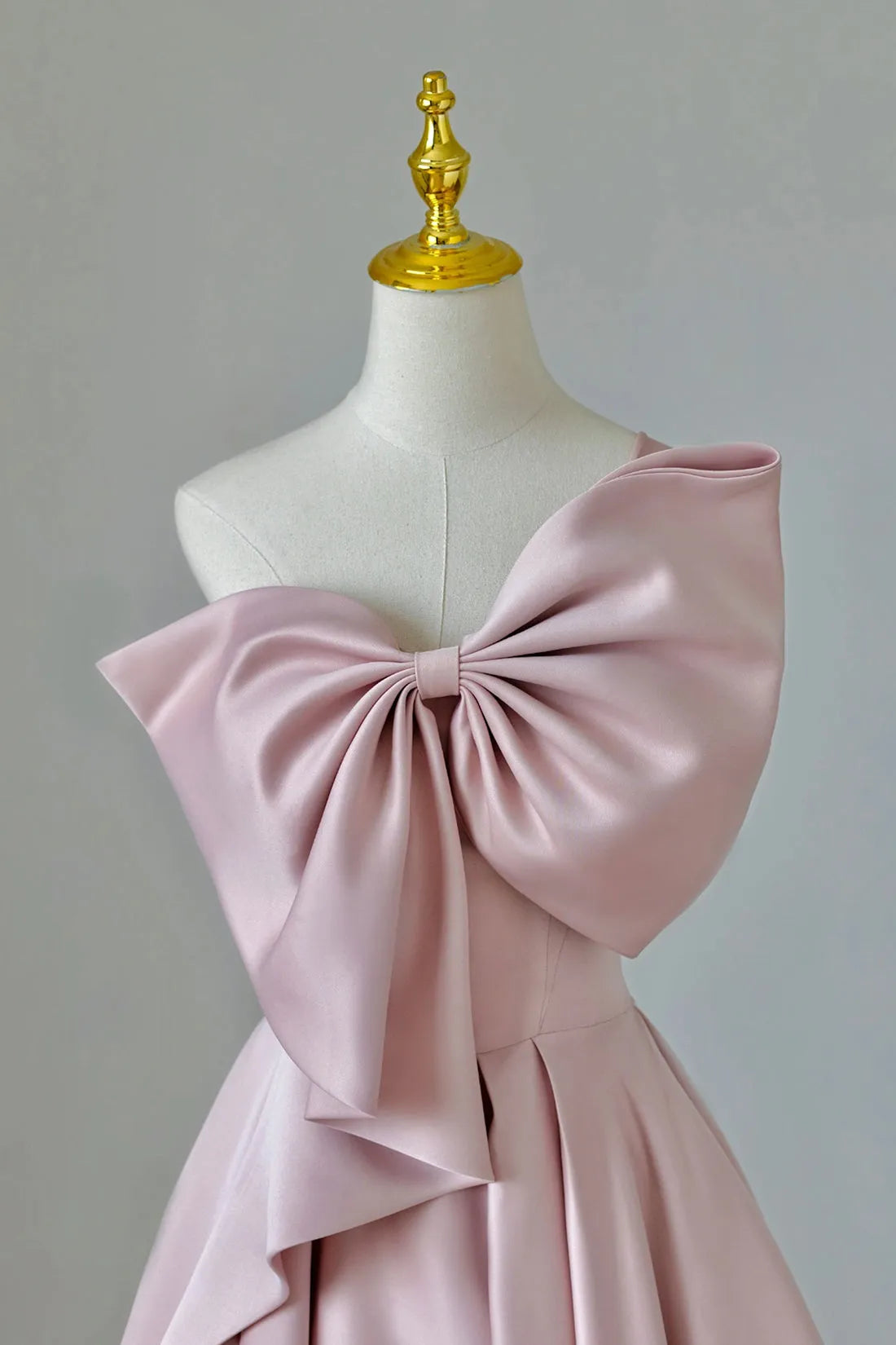 Pink Satin Long Prom Dress with Bow One Shoulder Formal Evening Dress