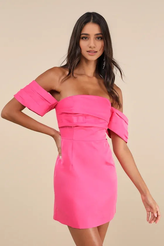 Pink Satin Pleated Off-the-Shoulder Homecoming Dresses