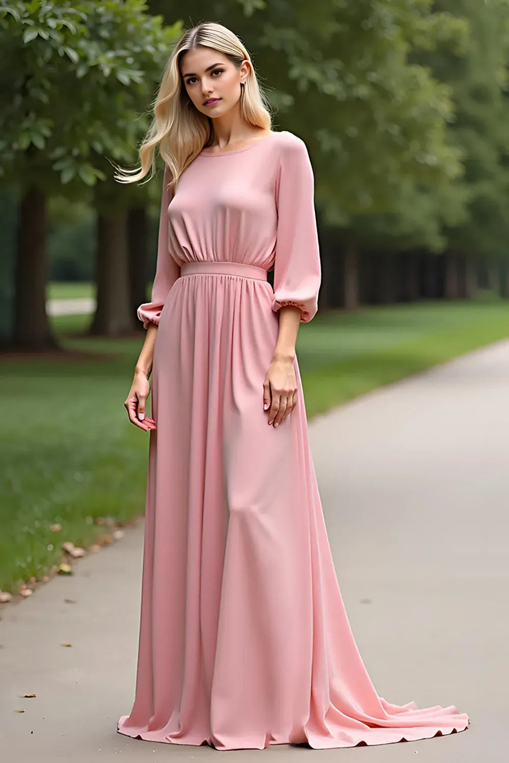Pink Scoop Half Sleeves Long Mother of the Bride Dress