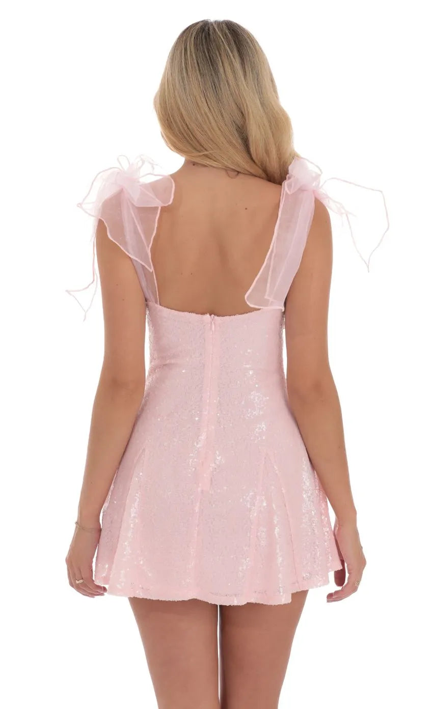 Pink Sequin Homecoming Dress Sheer Bow Straps Flared Skirt Sparkling Glam Shine Bright at School Dances with Luxe Textures