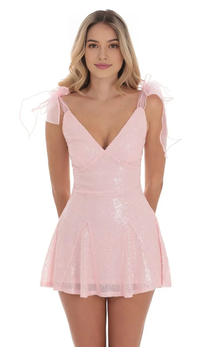 Pink Sequin Homecoming Dress Sheer Bow Straps Flared Skirt Sparkling Glam Shine Bright at School Dances with Luxe Textures