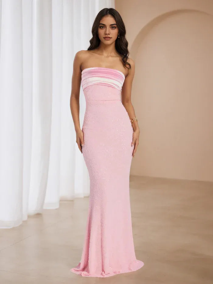 Pink Sequin Strapless Prom Dress with Velvet Striped Bodice  Mermaid Silhouette Evening Gown
