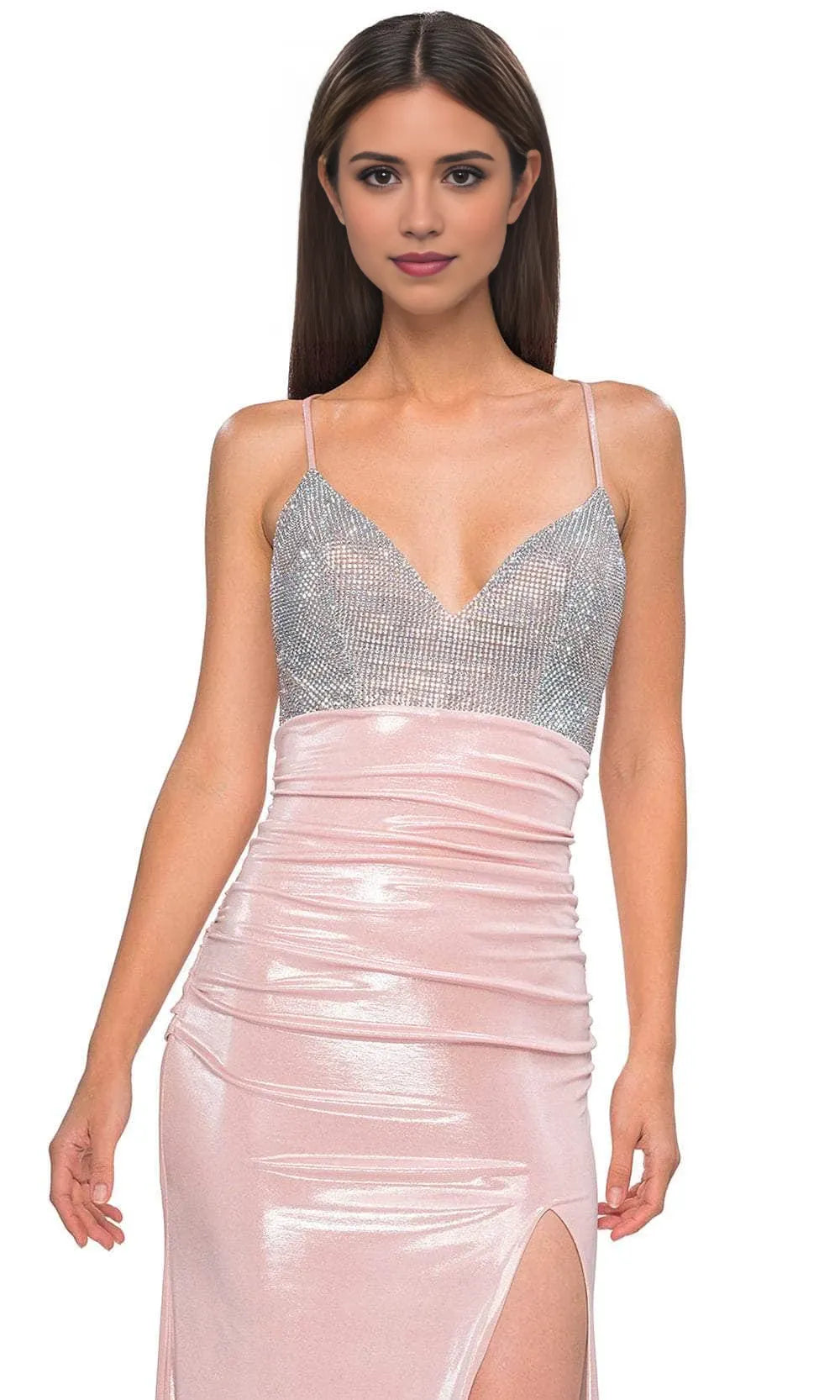 Pink Shimmer Prom Dress with Rhinestone Embellished V Neck Bodice and High Side Slit Ideal for Formal Evening Galas