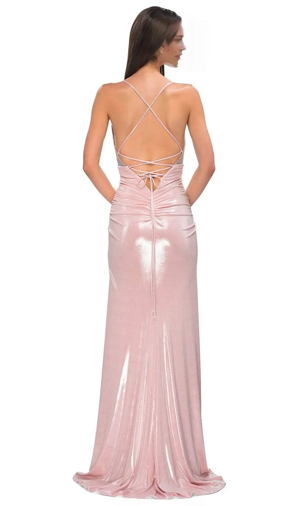 Pink Shimmer Prom Dress with Rhinestone Embellished V Neck Bodice and High Side Slit Ideal for Formal Evening Galas