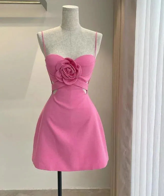 Pink Spaghetti Strap Homecoming Dress with 3D Rose Applique Cut Out Waist and Sweetheart Neckline Romantic Trendy for School Dances