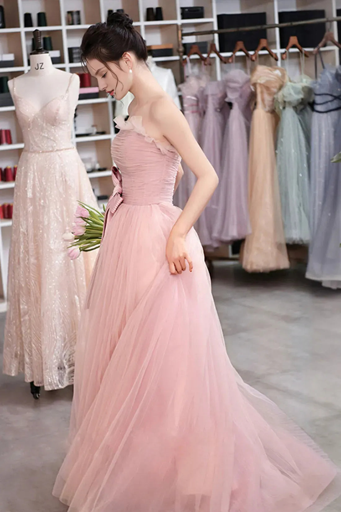 Pink Strapless Tulle Long Prom Dress Beautiful Sweetheart Evening Dress