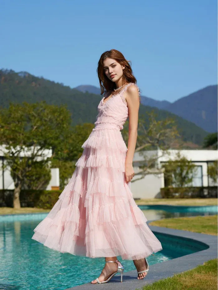 Pink Sweet A Line V-Neck Straps High-Waist Tiered Long Prom Dress