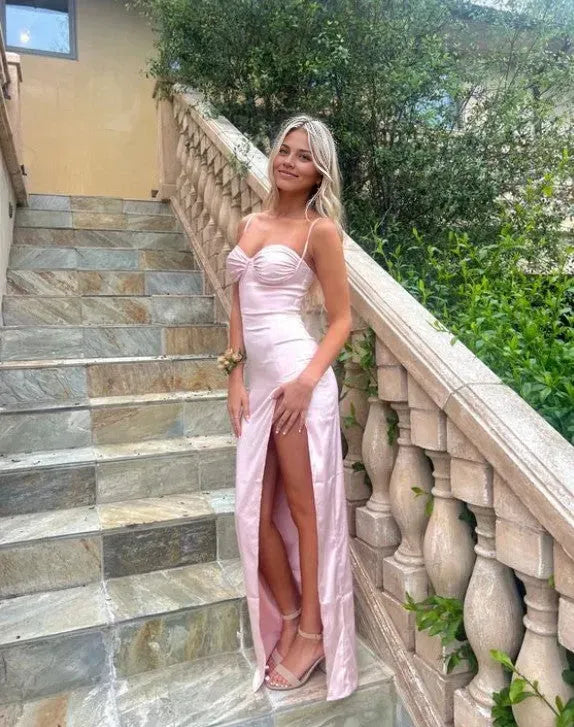 Pink Sweetheart Straps Sheath Satin Long Prom Dress Simple Evening Party Dress Formal Dress With Slit