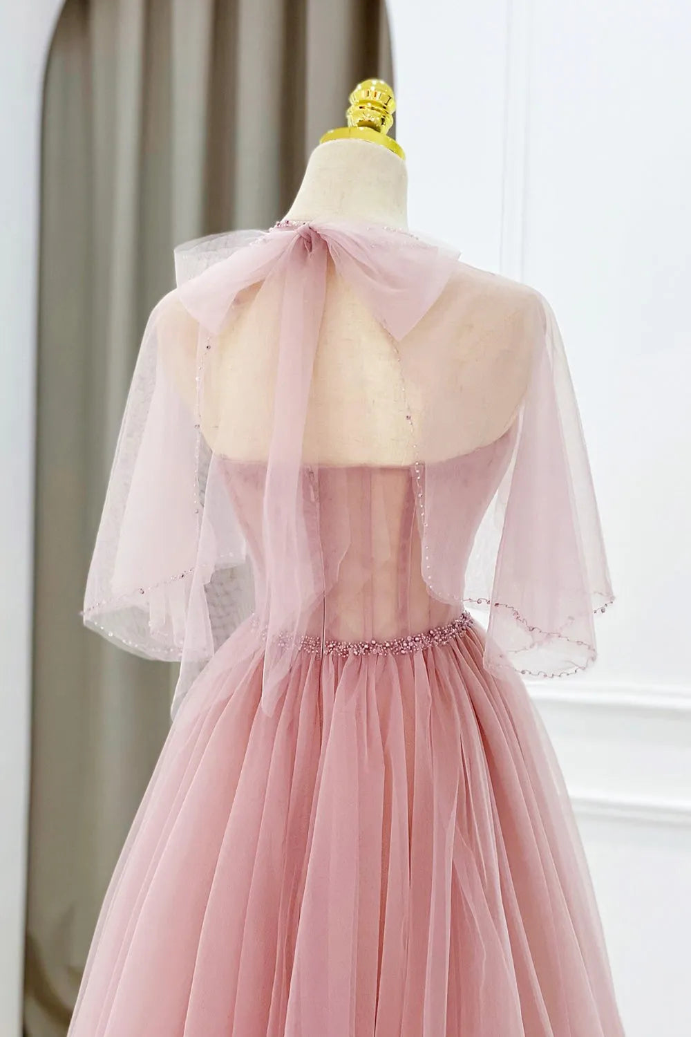 Pink Tulle Beaded Long Prom Dress Lovely Pink Evening Dress