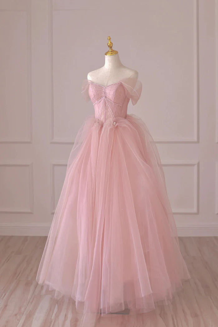 Pink Tulle Lace Long Formal Dress A-Line Off Shoulder Pink Prom Dress
