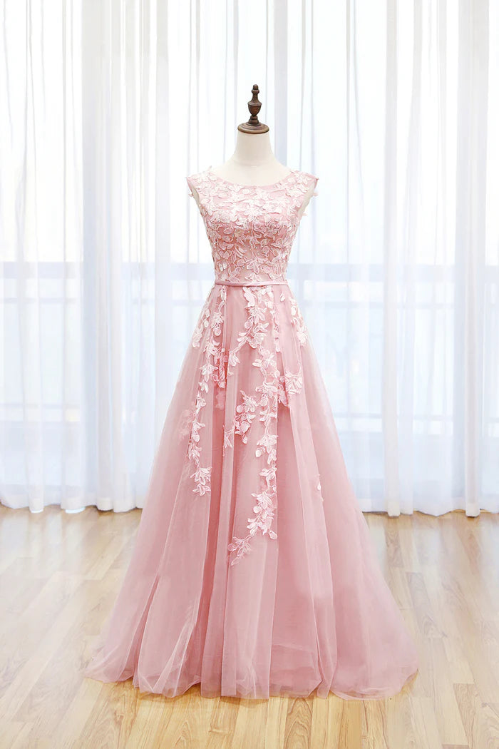 Pink Tulle Lace Long Prom Dress Lovely A-Line Open Back Evening Dress