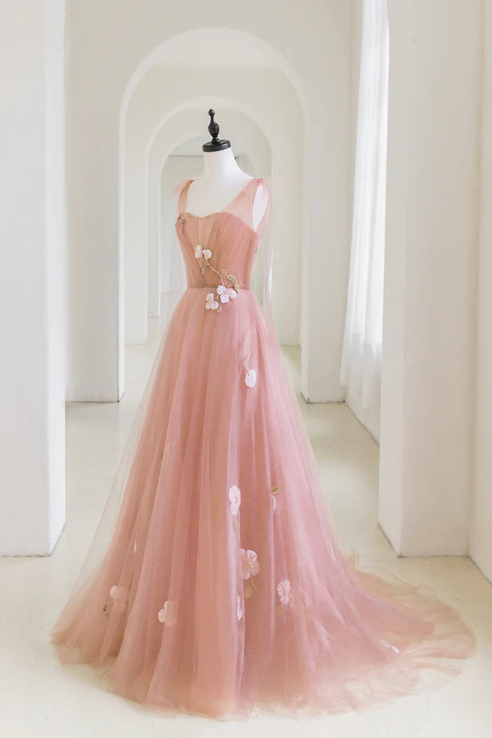 Pink Tulle Long A-Line Prom Dress