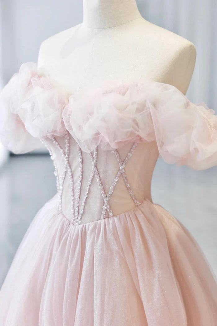 Pink Tulle Long A-Line Prom Dress with Corset Lovely A-Line Party Dress