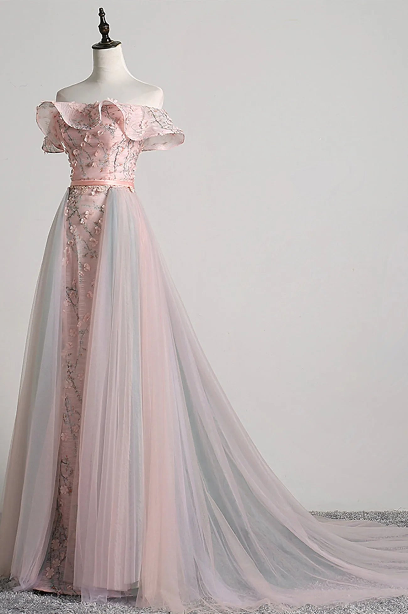 Pink Tulle Long A-Line Prom Dress with Train Off the Shoulder Formal Evening Dress
