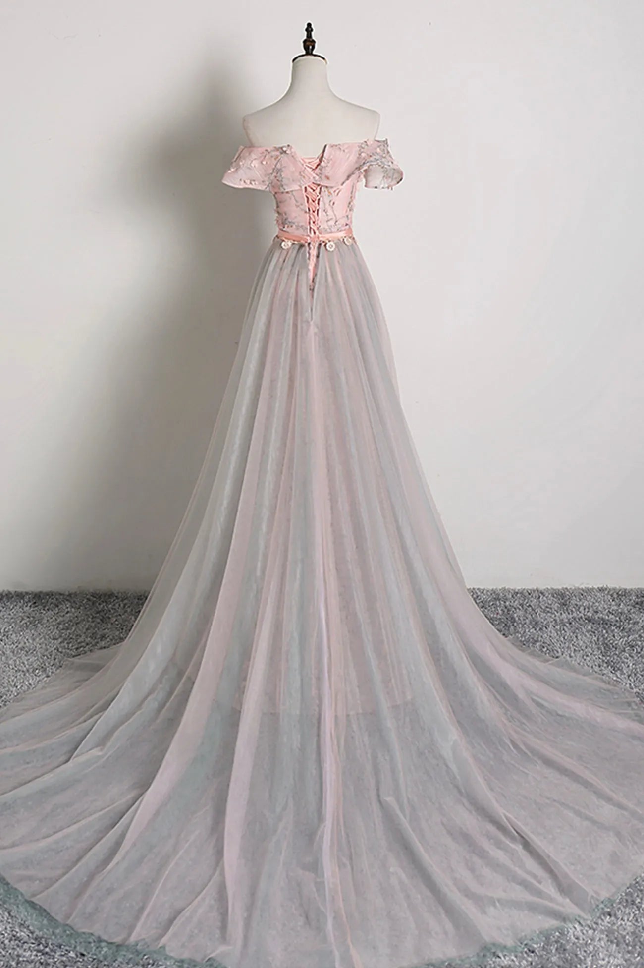 Pink Tulle Long A-Line Prom Dress with Train Off the Shoulder Formal Evening Dress