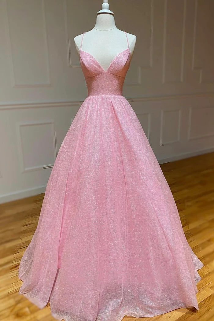 Pink Tulle Long Backless Prom Dress  A-Line V Neck Party Dress