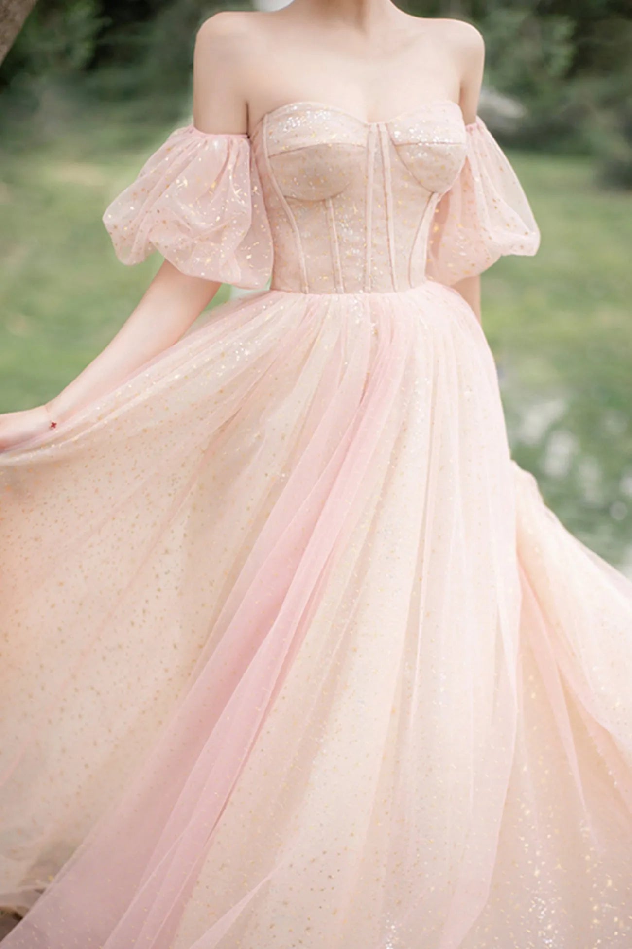 Pink Tulle Off the Shoulder Prom Dress
