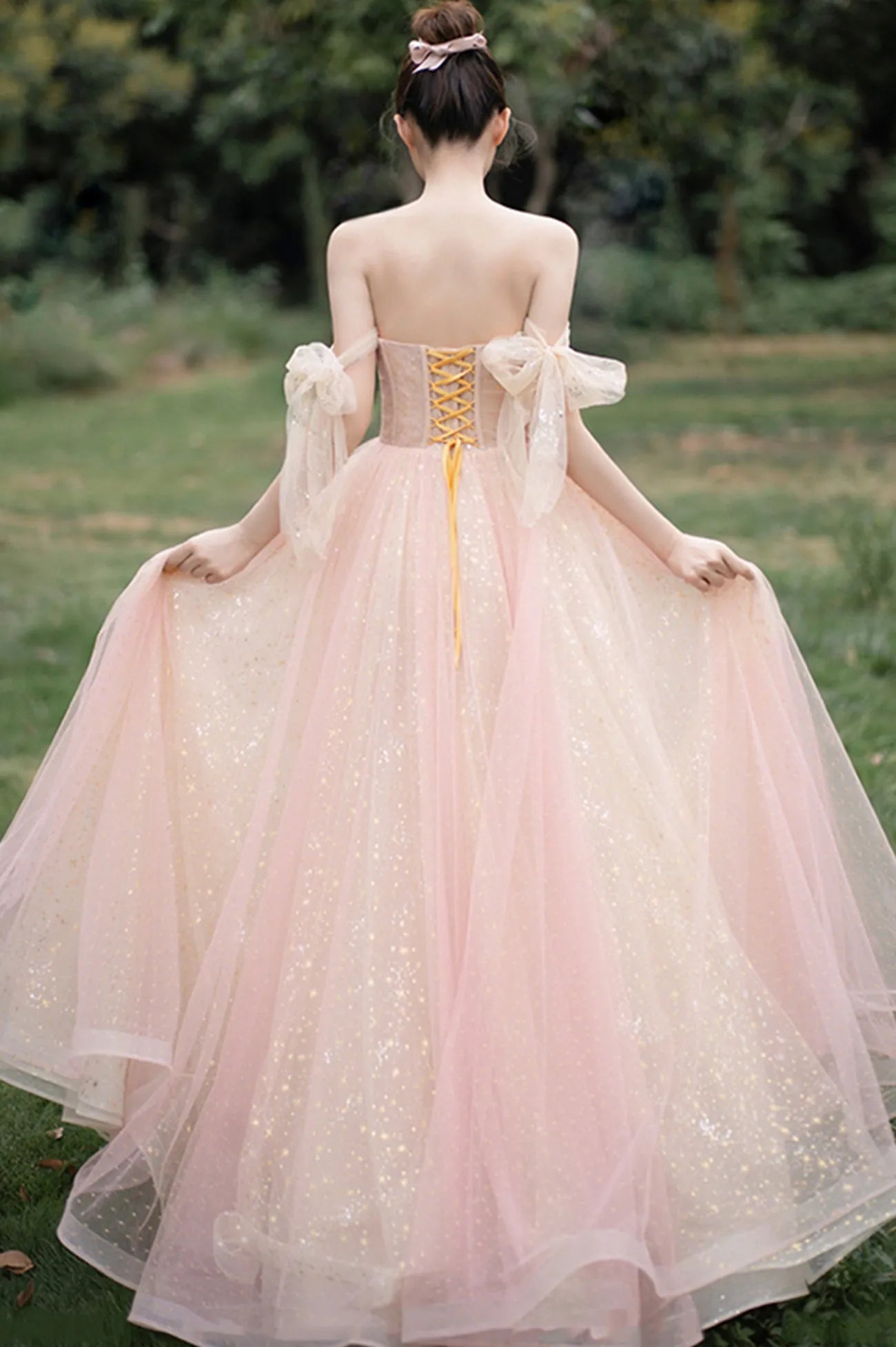 Pink Tulle Off the Shoulder Prom Dress