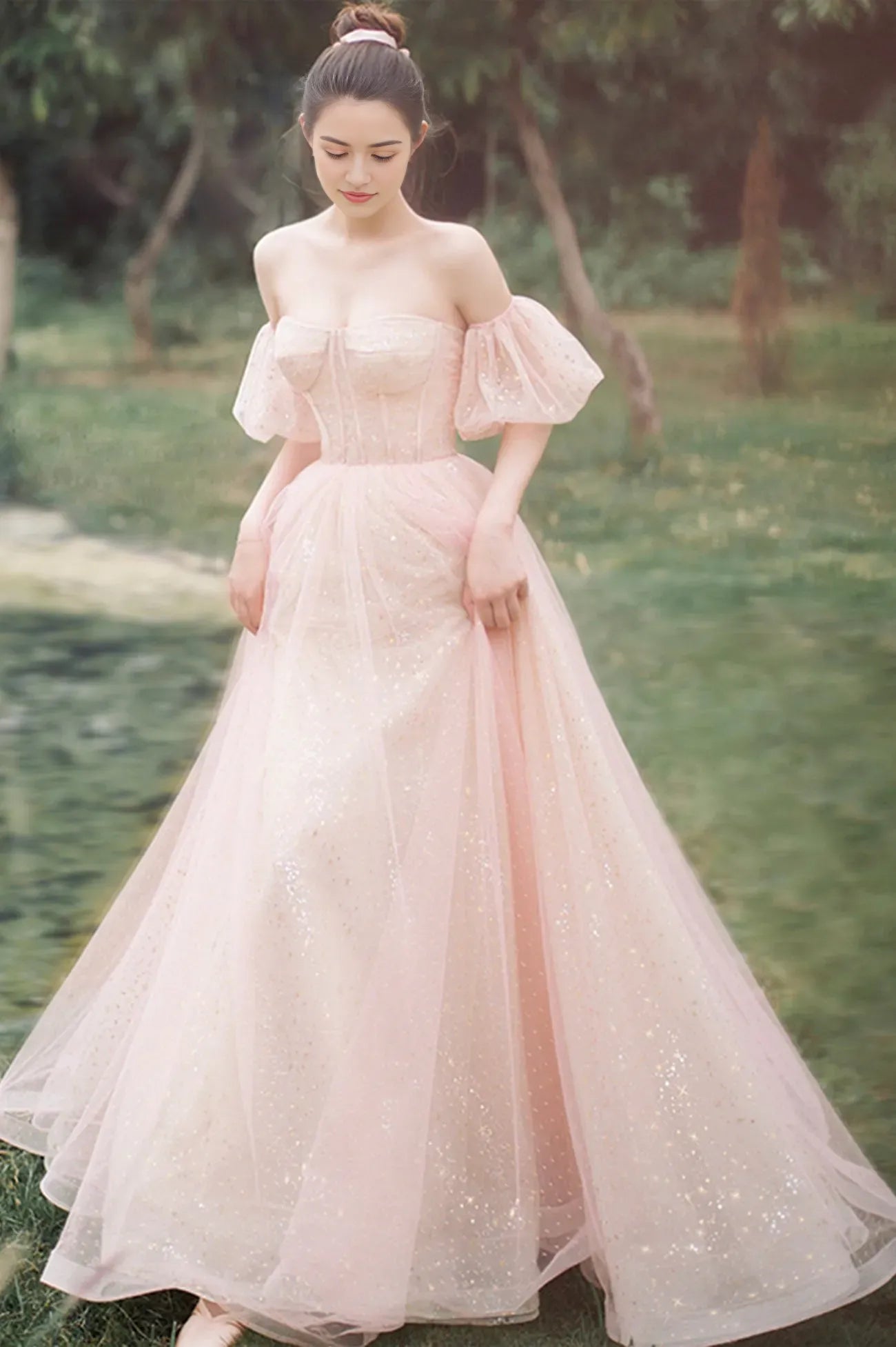 Pink Tulle Off the Shoulder Prom Dress