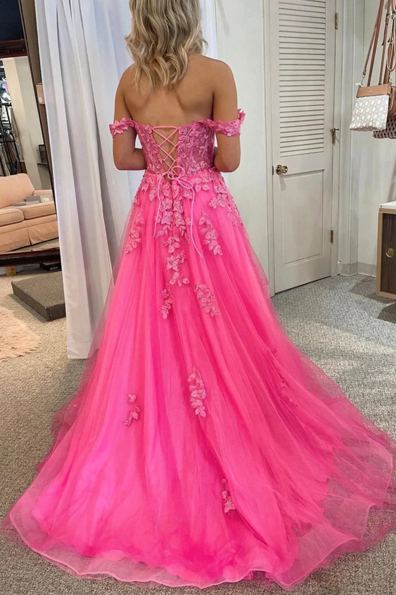 Pink Tulle Off the Shoulder Prom Dress with Lace A-Line Evening Dress with Slit ﻿