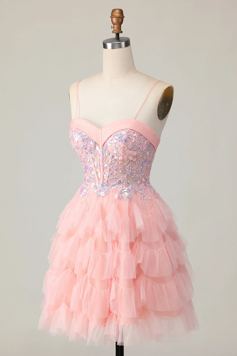Pink Tulle Spaghetti Straps Corset Short Homecoming Dress with Ruffles