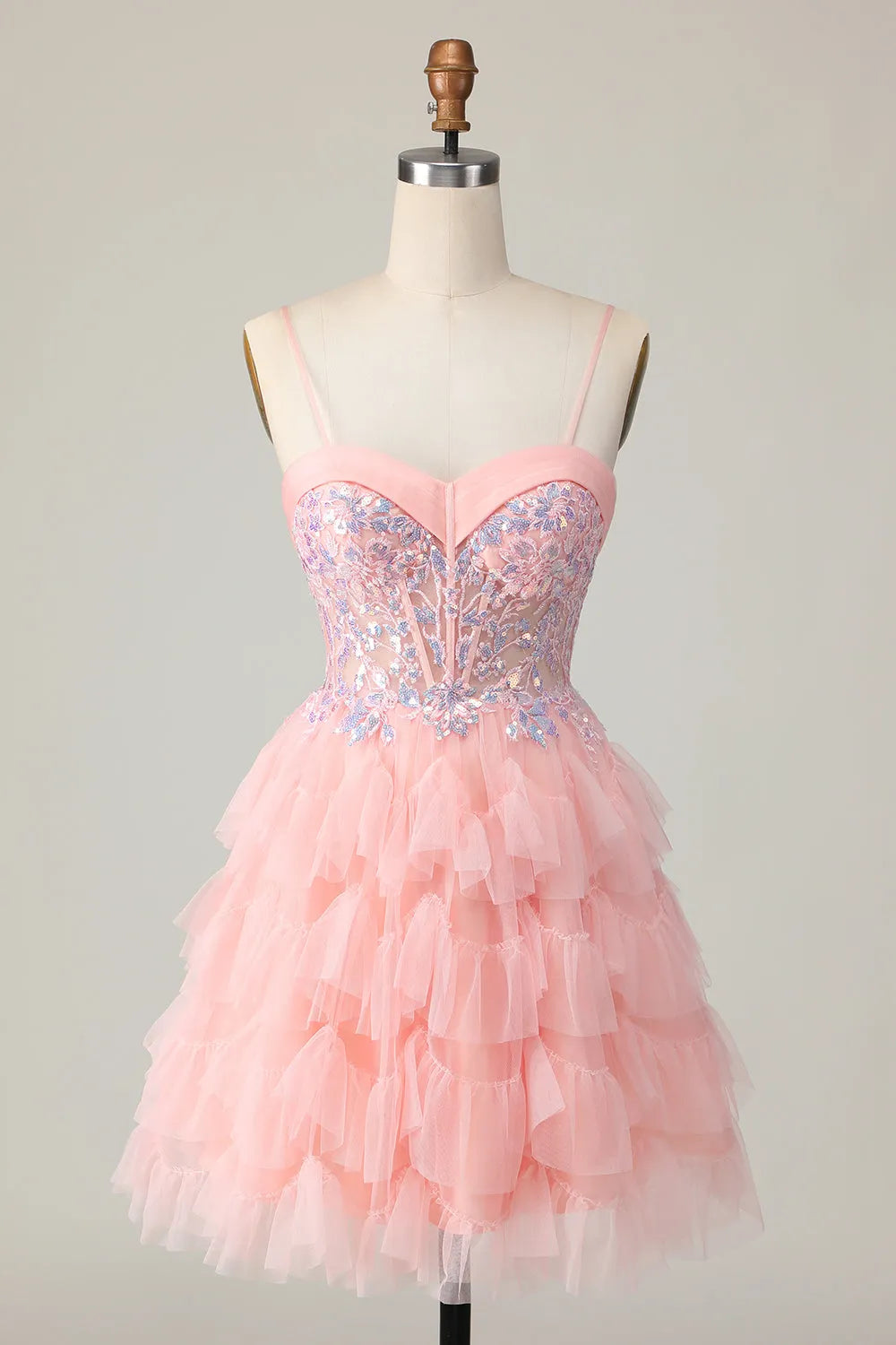 Pink Tulle Spaghetti Straps Corset Short Homecoming Dress with Ruffles
