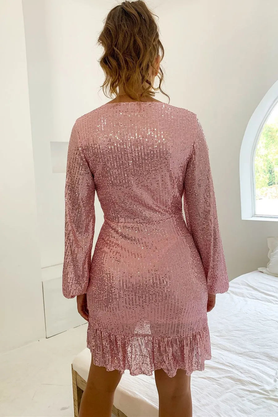 Pink V-Neck Puff Long Sleeve Ruffled Short Party Dress