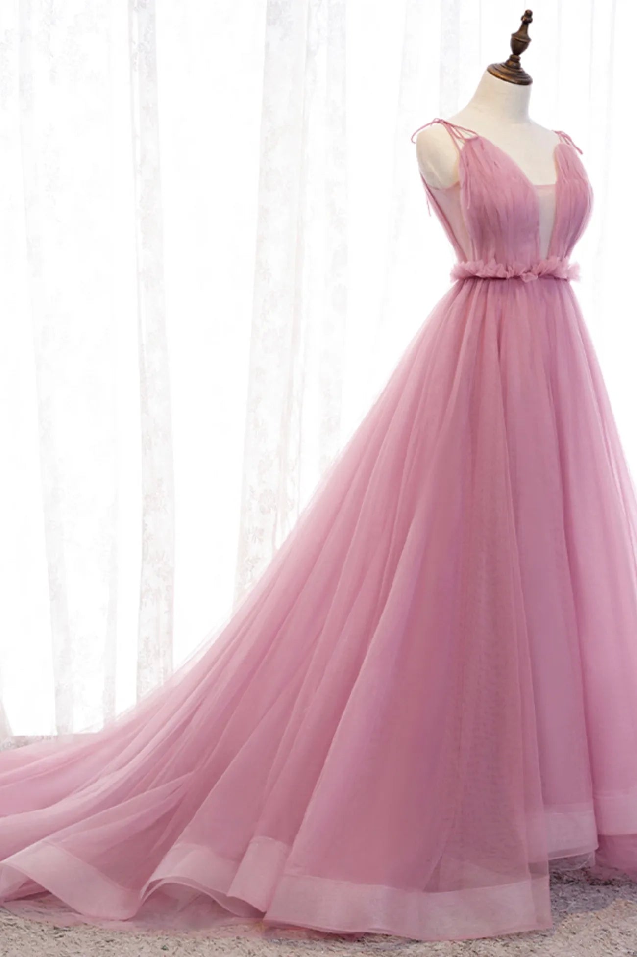 Pink V-Neck Tulle Long Prom Dress  A-Line Formal Evening Dress