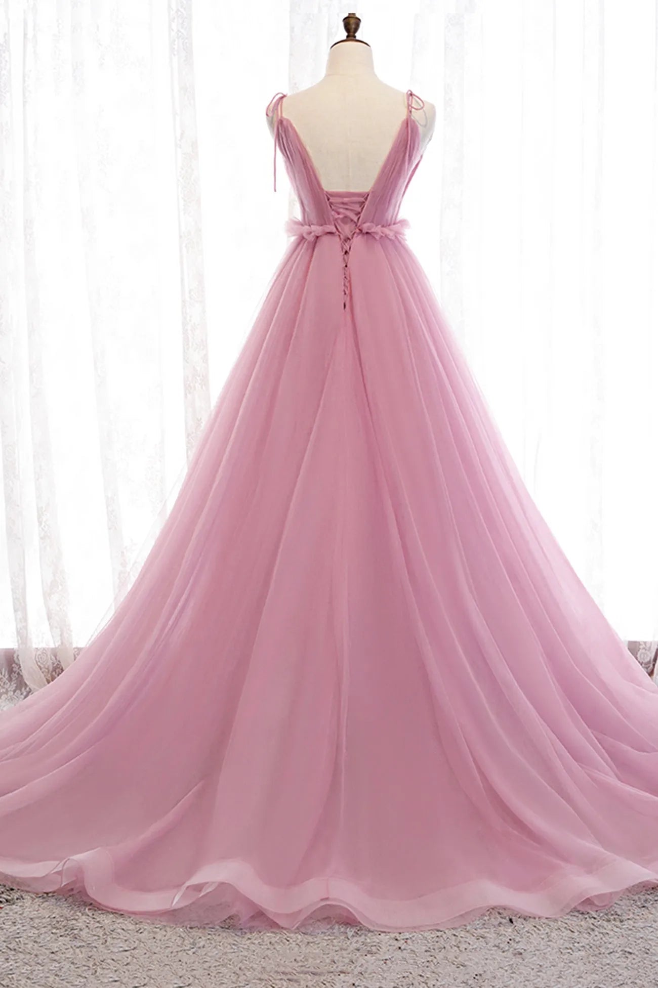 Pink V-Neck Tulle Long Prom Dress  A-Line Formal Evening Dress