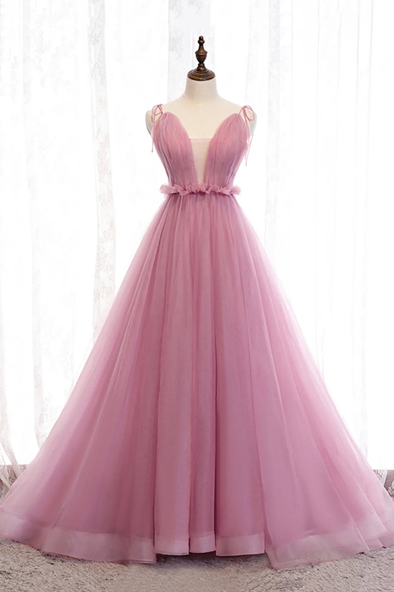 Pink V-Neck Tulle Long Prom Dress  A-Line Formal Evening Dress