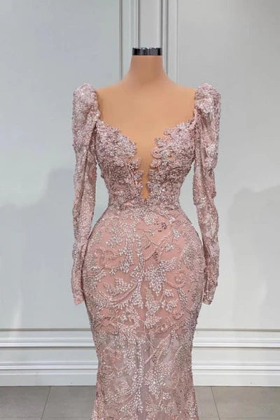 Pink V-neck Lace Mermaid Prom Dress Evening Gowns With Long Sleeves